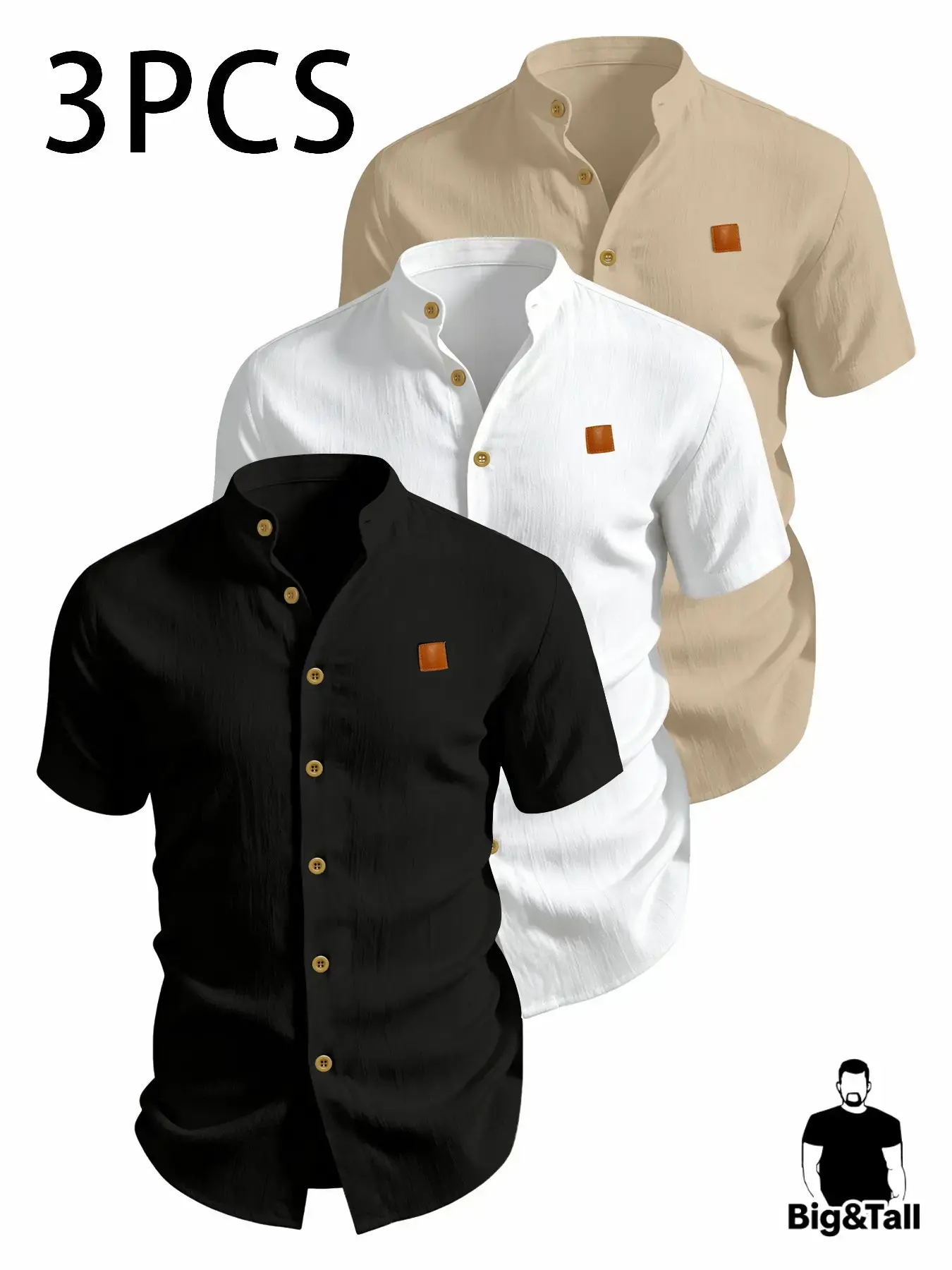 Men's 3 Pcs Plus-Size Summer Breathable Short-Sleeve Button Front Shirts, Lightweight Solid-Color Button-Up Casual Tropical Shirt Tops with Stand Collar for Beach, Vacation and Outdoor