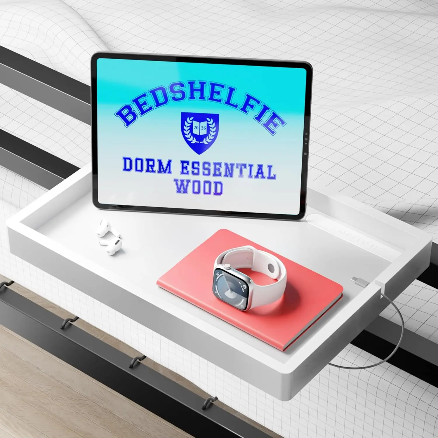 BedShelfie DormEssential Wood White Bedside Shelf - Nightstand, Cord Holder, 12.5'' x 9.5''/13.8" x 9.5", Box Spring Fit, Bunk/Top Bunk/Loft Storage Tray, College Dorm Essential, Cord Organizer By Smallish