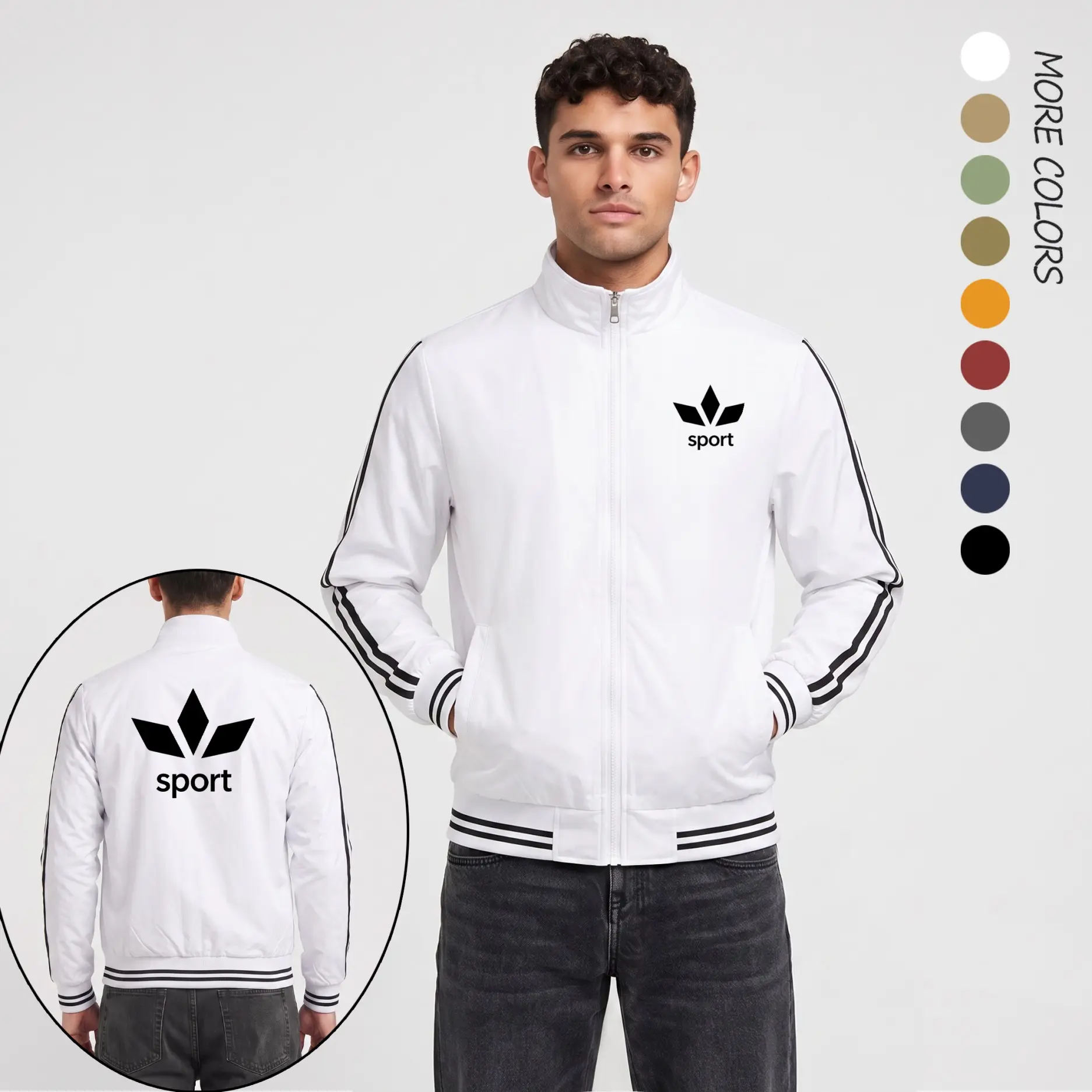 Men’s SPORT Graphic Print Lightweight Bomber Jacket – Casual Athletic Flight Jacket with Minimal Streetwear Design, Full Zip Closure, Ribbed Hem & Stripe Sleeve Detail for Everyday Urban Wear