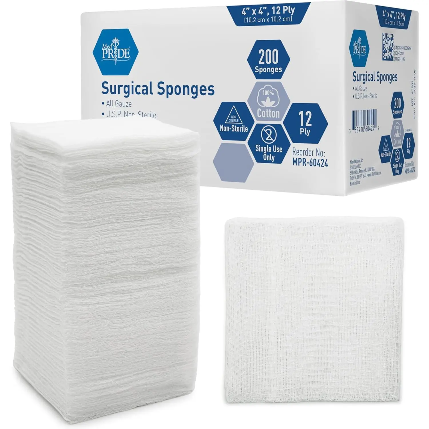 Cotton Wound Packing Gauze, 4x4 Inch 12-Ply Sponges, Non-Sterile and Highly Absorbent for Wound Dressing and First Aid Kits, 200 Count, Unisex, Adults, All Seasons, Multi-Ply