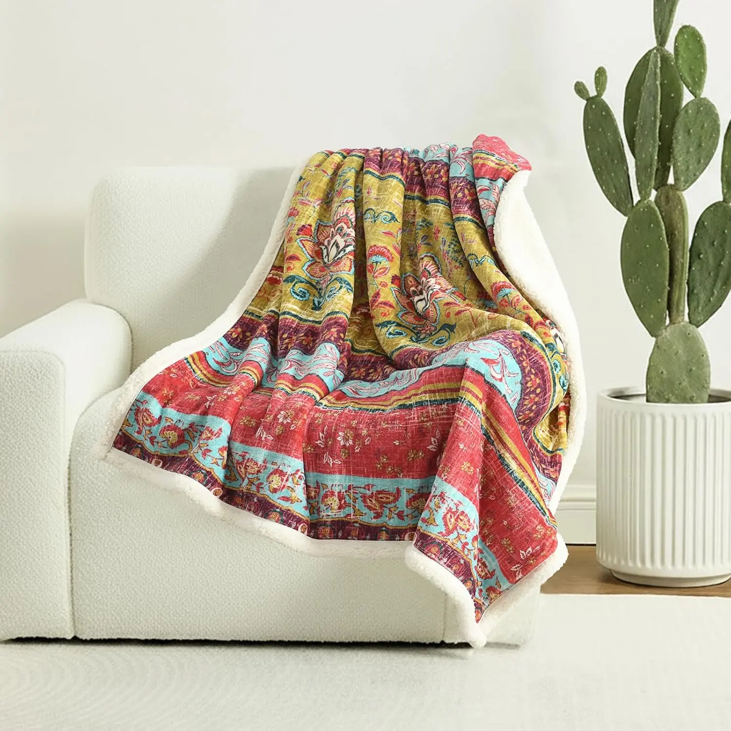 Boho Chic Sherpa Throw Blanket - 50x60 in Synthetic Fiber 1-Piece, Fade-Resistant Bohemian Print, Ultra-Soft Cozy Lining, Warm Winter Throw for Couch Bed Home Décor