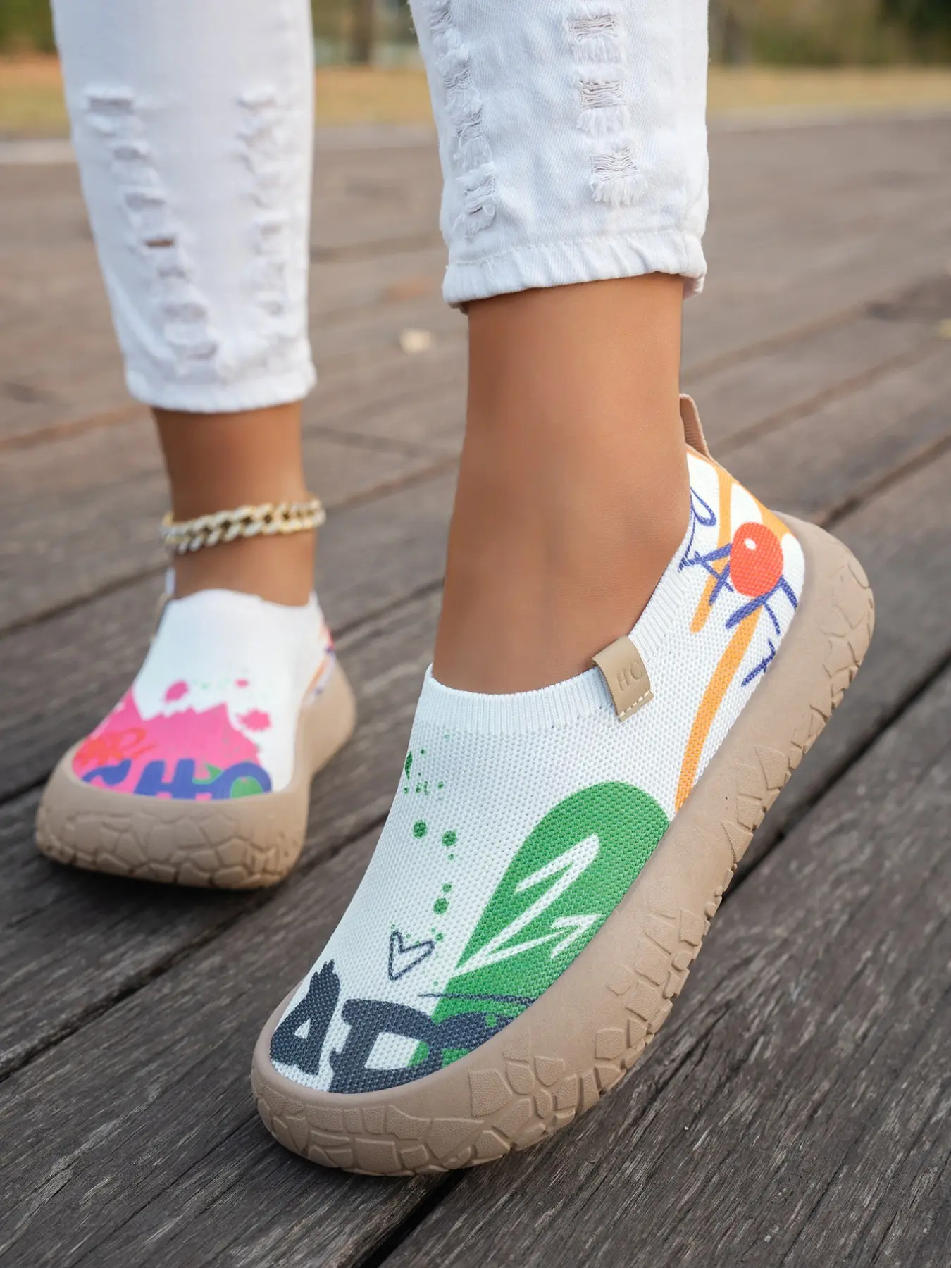 Summer Colorful Graffiti Flyknit Lazy Shoes, Slip On Walking Shoes, Walking Shoes, Lightweight Breathable Thick Sole Round Toe Women's Casual Sneakers, Comfortable Daily Wear Footwear