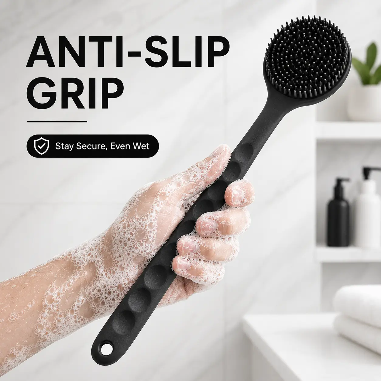 Silicone Body Scrubber for Shower, Double Sided Bath Brush with Long Handle, Soft Silicone Bristles for Deep Clean & Rich Foam