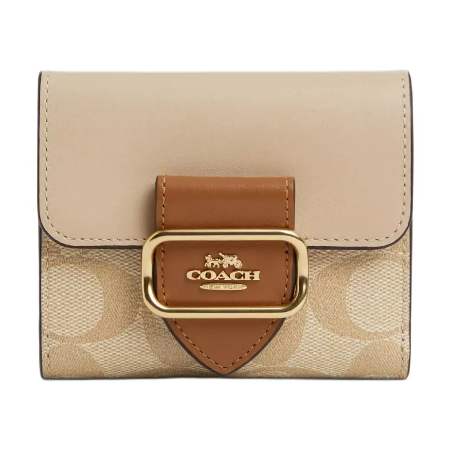 COACH Morgan 10 Logo-Embossed Coated Canvas and Calfskin Wallet for Women in Cream and Light Khaki