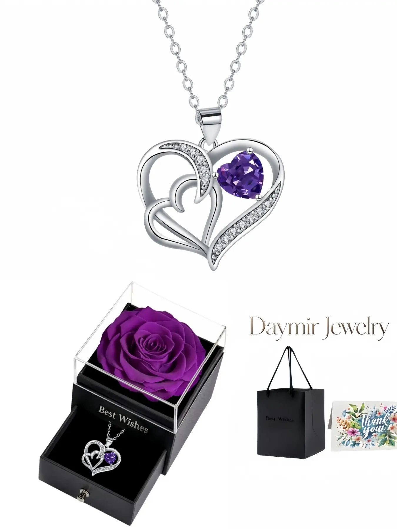 "Stacked Diamond Hearts", elegant interlocking heart gem necklace matched with purple preserved rose jewelry box, ideal gifts for birthdays, Mother’s Day, Valentine’s Day and Christmas.