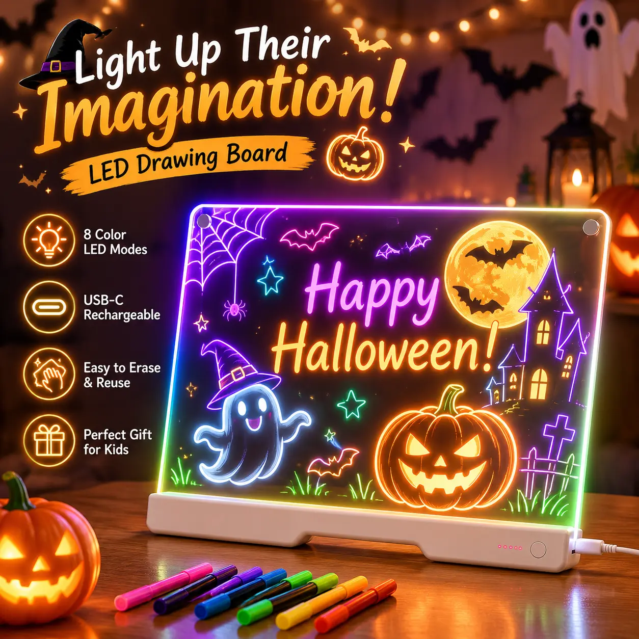 LED Message Board Acrylic Dry Erase Light-Up Board with Stand Markers Cleaning Cloths Tracing Paper Erasable Reusable Kids Learning Gift for Birthday Halloween Christmas Decorative Neon Sign-YY2