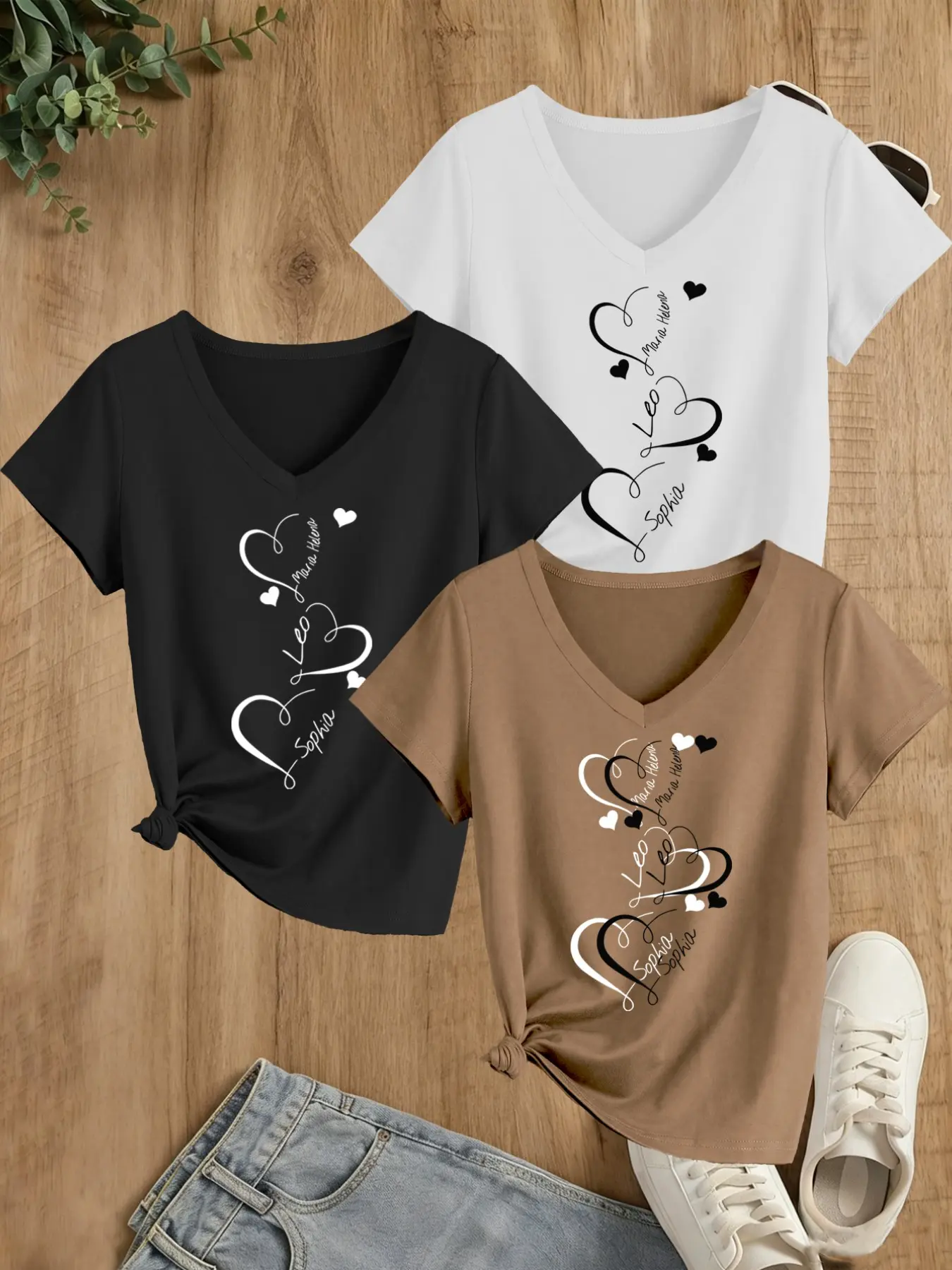 Women's 3-Pack Heart Print T-Shirts, Fashion V-Neck Short Sleeve, Stretchy Comfortable Fabric, Casual, Ideal for Spring Summer