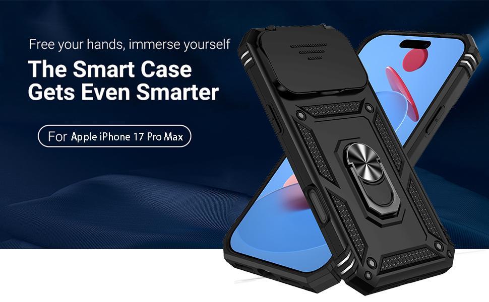 for iPhone 17 Pro Max Case, with Slide Camera Cover HD Screen Protector [Military Grade 16ft. Drop Tested] Ring Holder Kickstand Protective Phone Case for Apple iPhone 17 Pro Max, Black