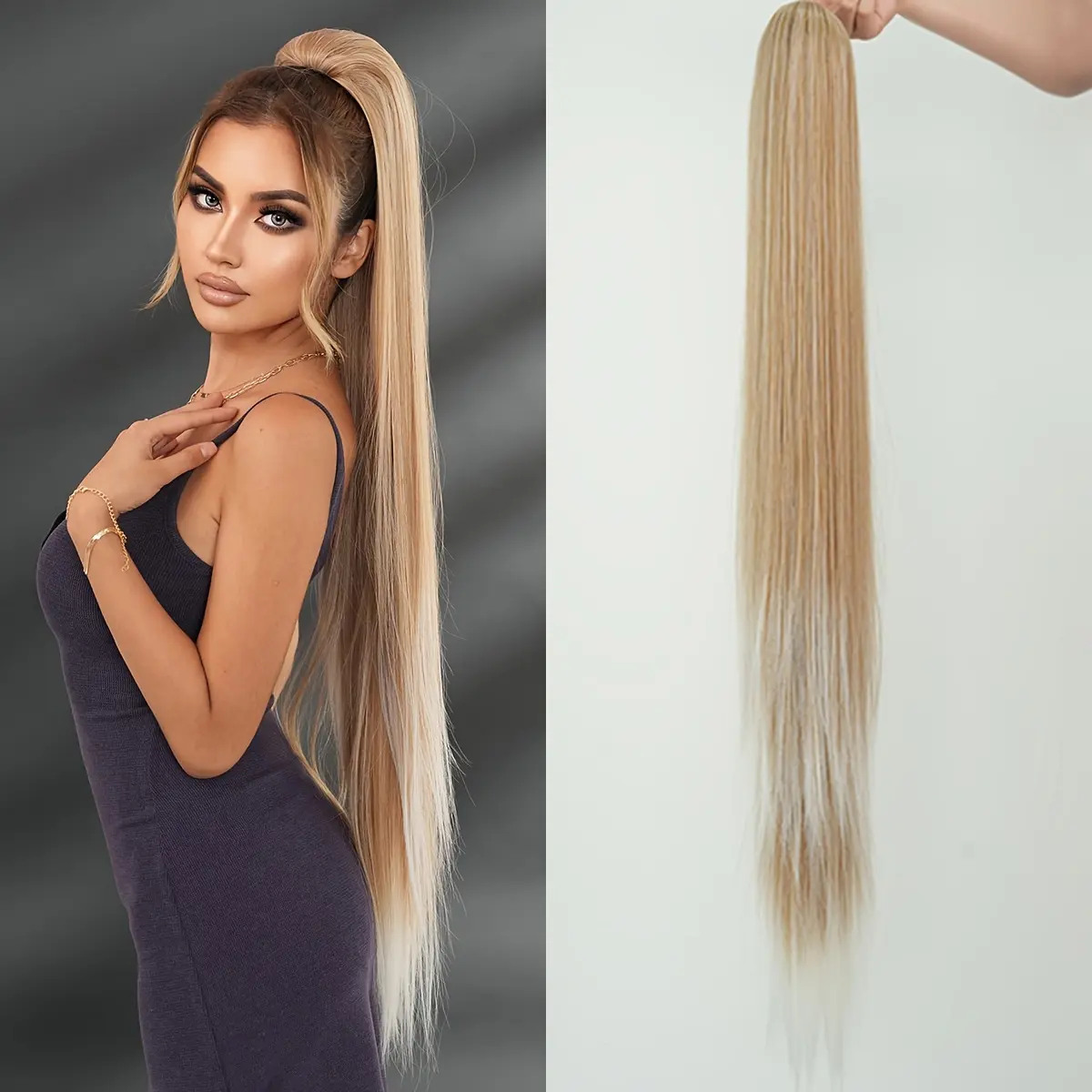 38-Inch Ombre White to Light Brown Ponytail Extension - Heat Resistant Synthetic Hair for Women, Perfect for Daily Wear & Parties