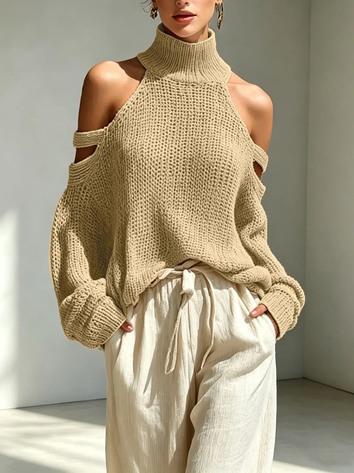 Women's High Neck Halter Knit Sweater, Fashion Versatile Commuter Shoulder Reveal Knit Top, Essential for Spring & Fall Travel