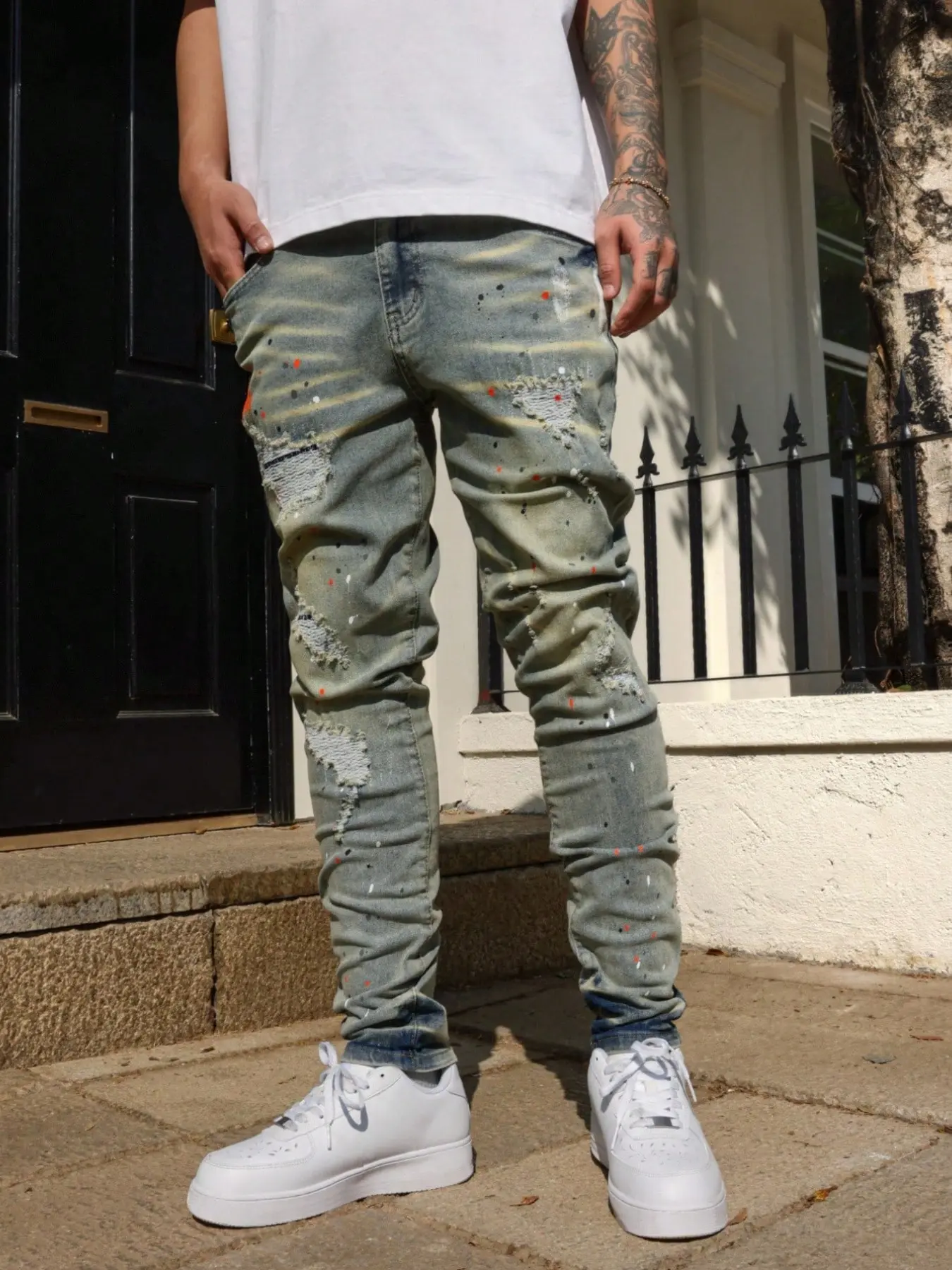 Men's Slim Fit Stretch Jeans, Blue Washed Graffiti Ripped Design, American Streetwear Style, Casual All-Season Long Pants