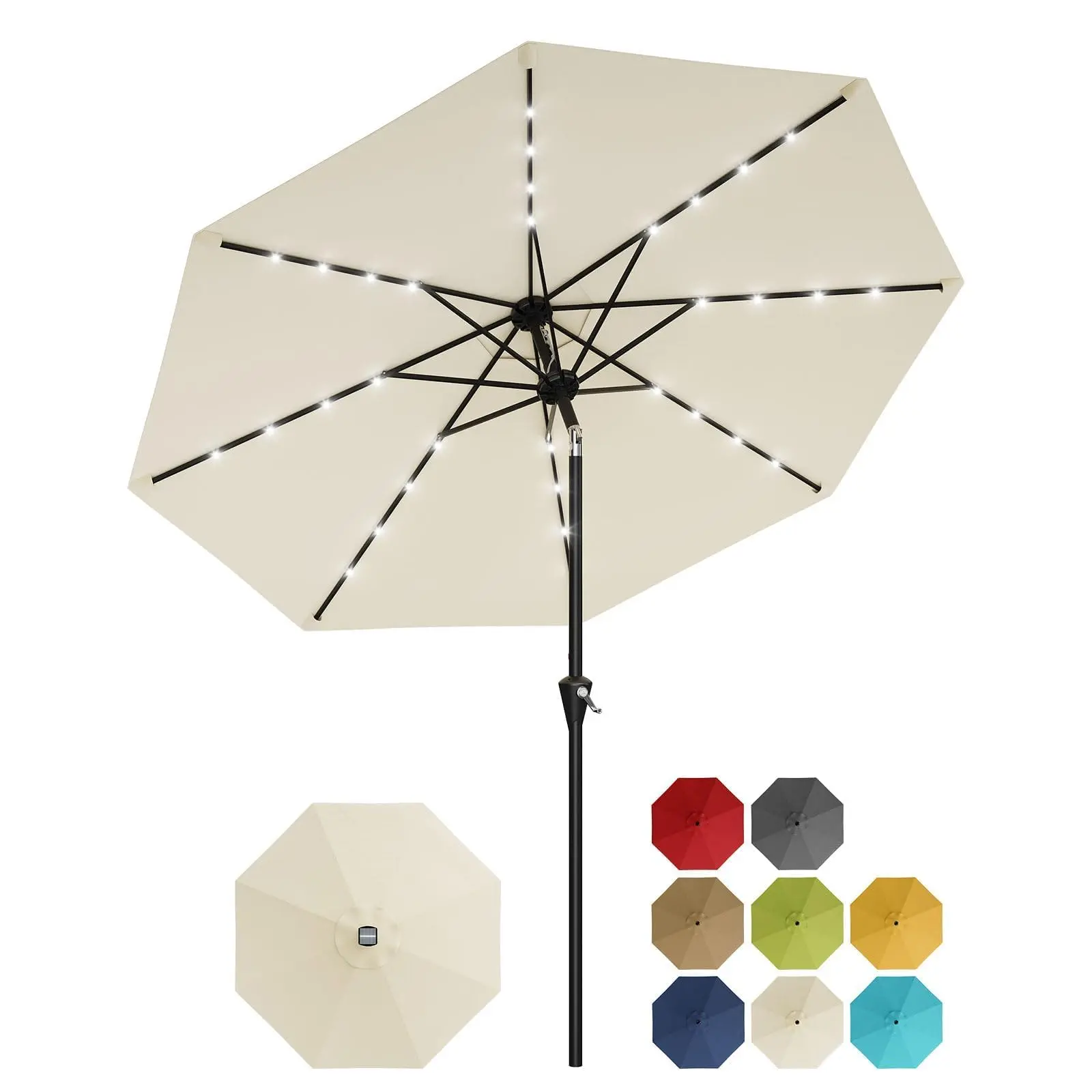 Garvee 3m Solar Patio Parasol with 32 LEDs – Crank Adjustable, 8 Sturdy Ribs, UV Protection – Ideal for Garden, Terrace, Pool, Balcony – Integrated Solar Lighting