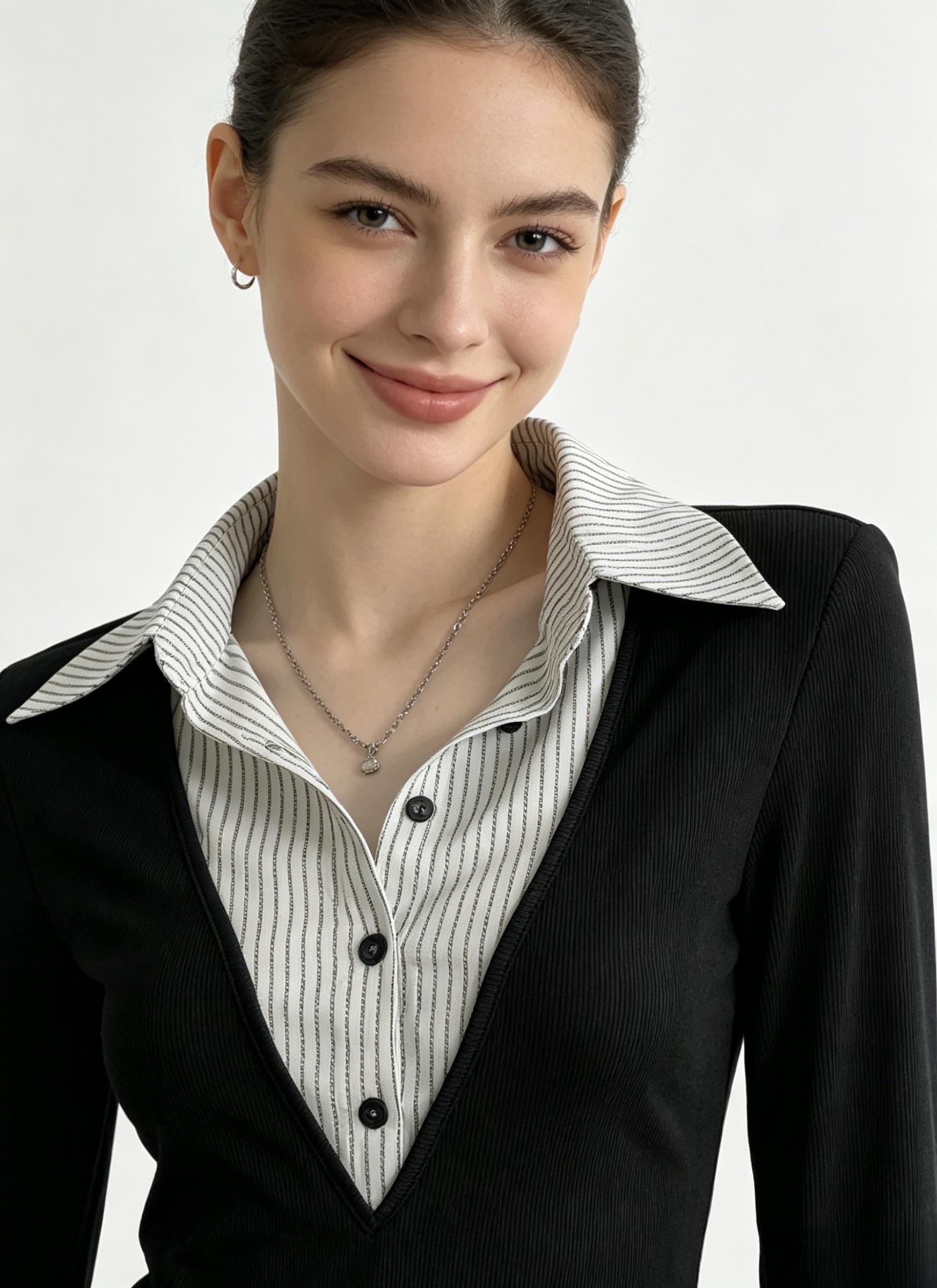 Black Striped Patchwork Fake Two-Piece Blouse, Women's V-Neck Button-Up Long Sleeve Top, Ribbed Fabric Flare Sleeve & Striped Collar, Versatile for Daily Outings, Travel & Casual Looks