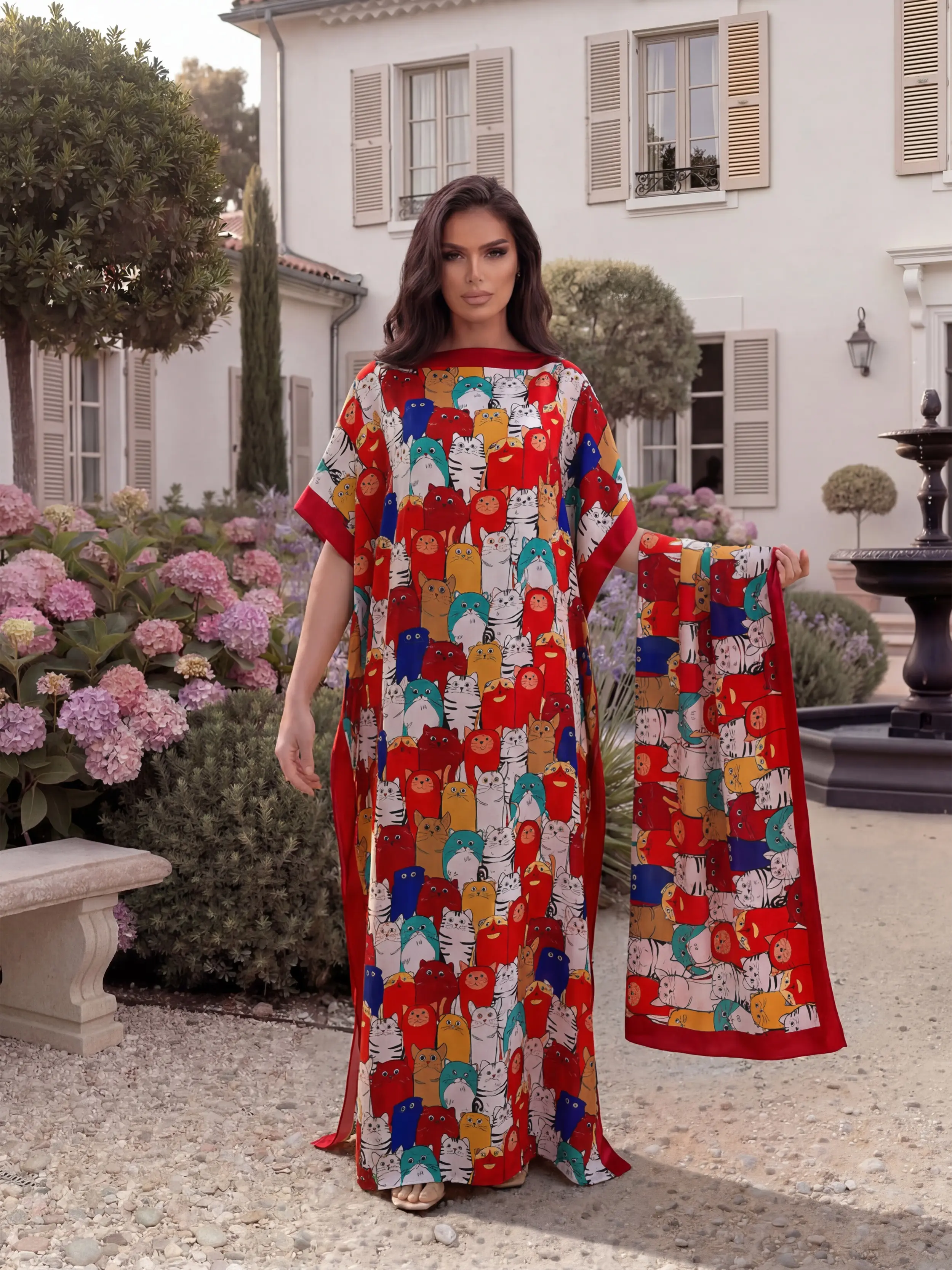 Fashionable Cartoon Print Shawl Set, Elegant Fitted Long Robe with Headscarf, Sun Protection Silk Scarf for Beach & Sand