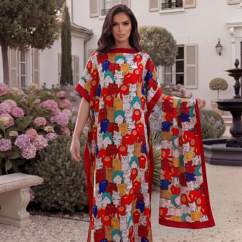 Fashionable Cartoon Print Shawl Set, Elegant Fitted Long Robe with Headscarf, Sun Protection Silk Scarf for Beach & Sand, Beach Cover Up, Beach Coverups