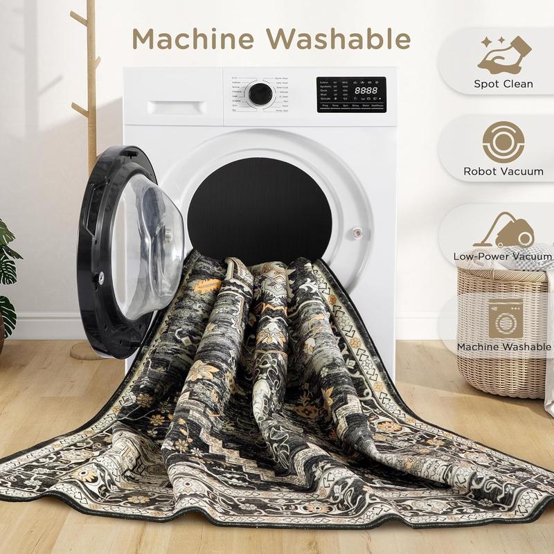 8x10 Washable Area Faux Cashmere Rug for Living Room, Non-Slip Soft Boho Vintage Medallion Carpet, Low Pile Distressed Rugs for Bedroom, Dining Room, Home Offi