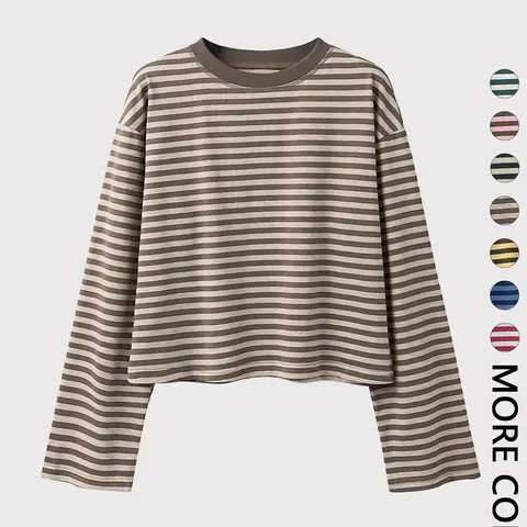 Women's Minimalist Striped Casual Long Sleeve Sweatshirt Top, Loose-Fit Kint Fabric, All Seasons Wear, Moderate Thickness