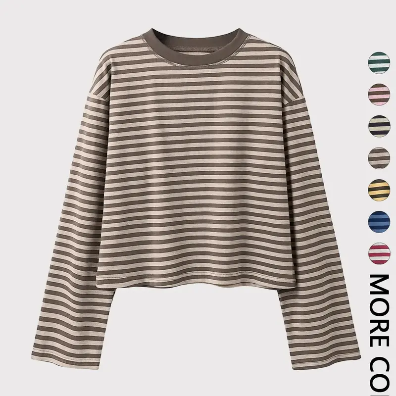 Women's Minimalist Striped Casual Long Sleeve Sweatshirt Top, Loose-Fit Kint Fabric, All Seasons Wear, Moderate Thickness