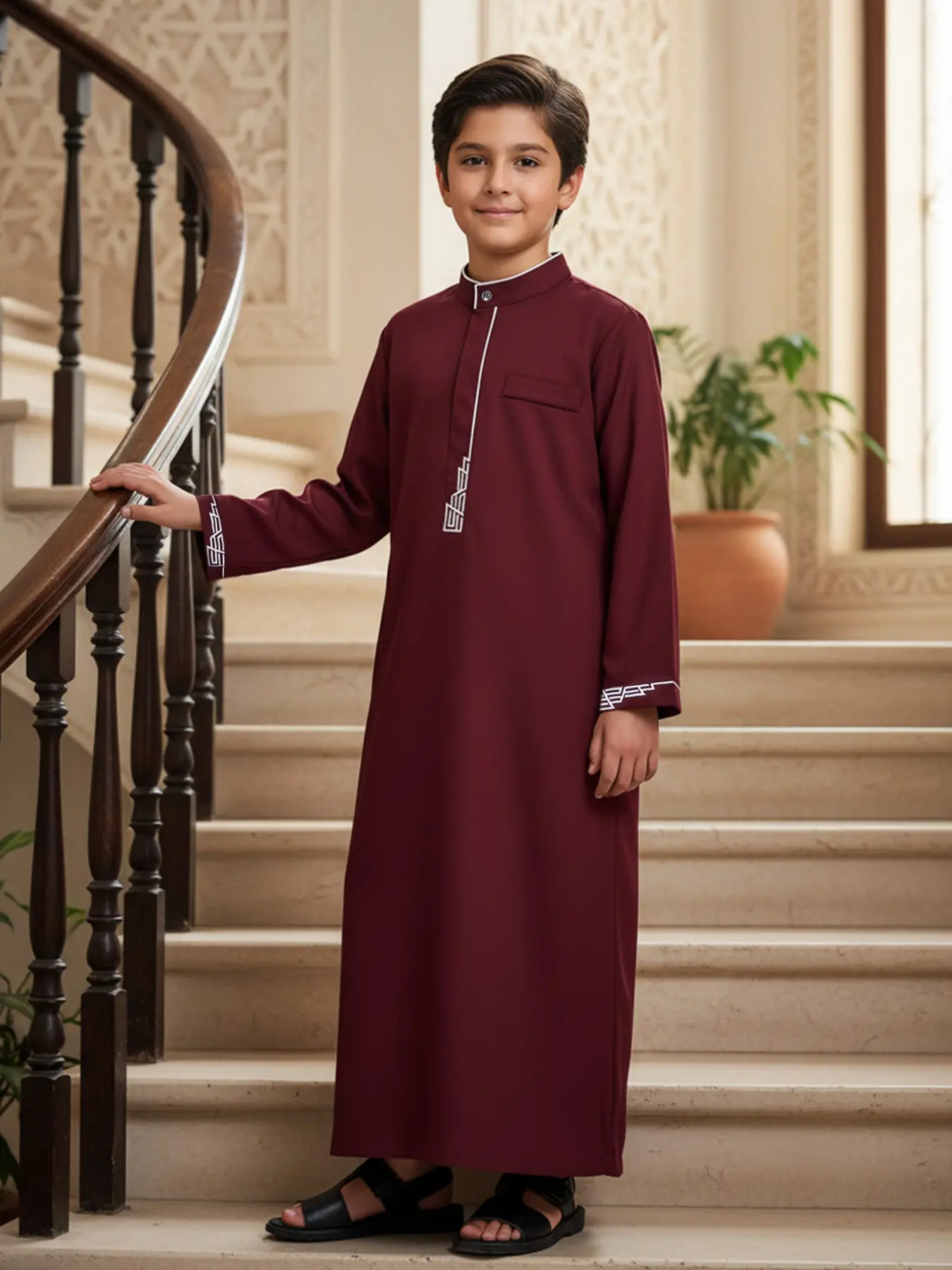 Muslim Boy Traditional Thobe, Wine with Embroidery, Stand Collar, Side Pockets, Long Sleeve, Suitable for Ages 8-12