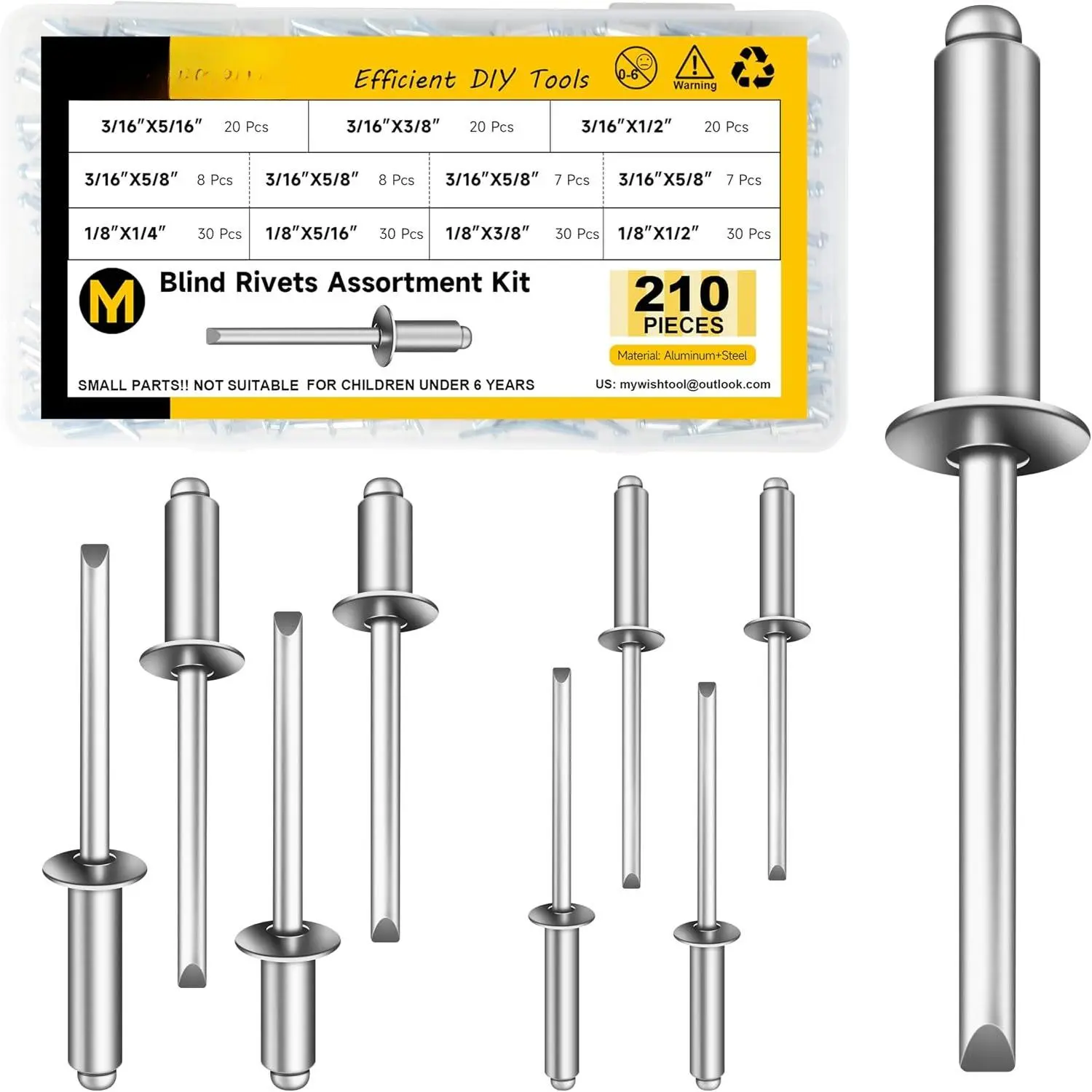 210 count  Steel Blind Pro Rivets  Kit, 8 Sizes 3/16" 1/8"  Grip and Steel Mandrel Pop Rivets, Open End Rivets for Metal