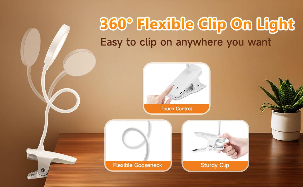 3600mAh Battery Operated Light,5 Brightness+5 Color Clip on Reading Lamp,400LM 36 LED Desk Lamp with Clamp,Rechargeable Lamps Cordless Lamps, Reading Lights for Books in Bed,Table