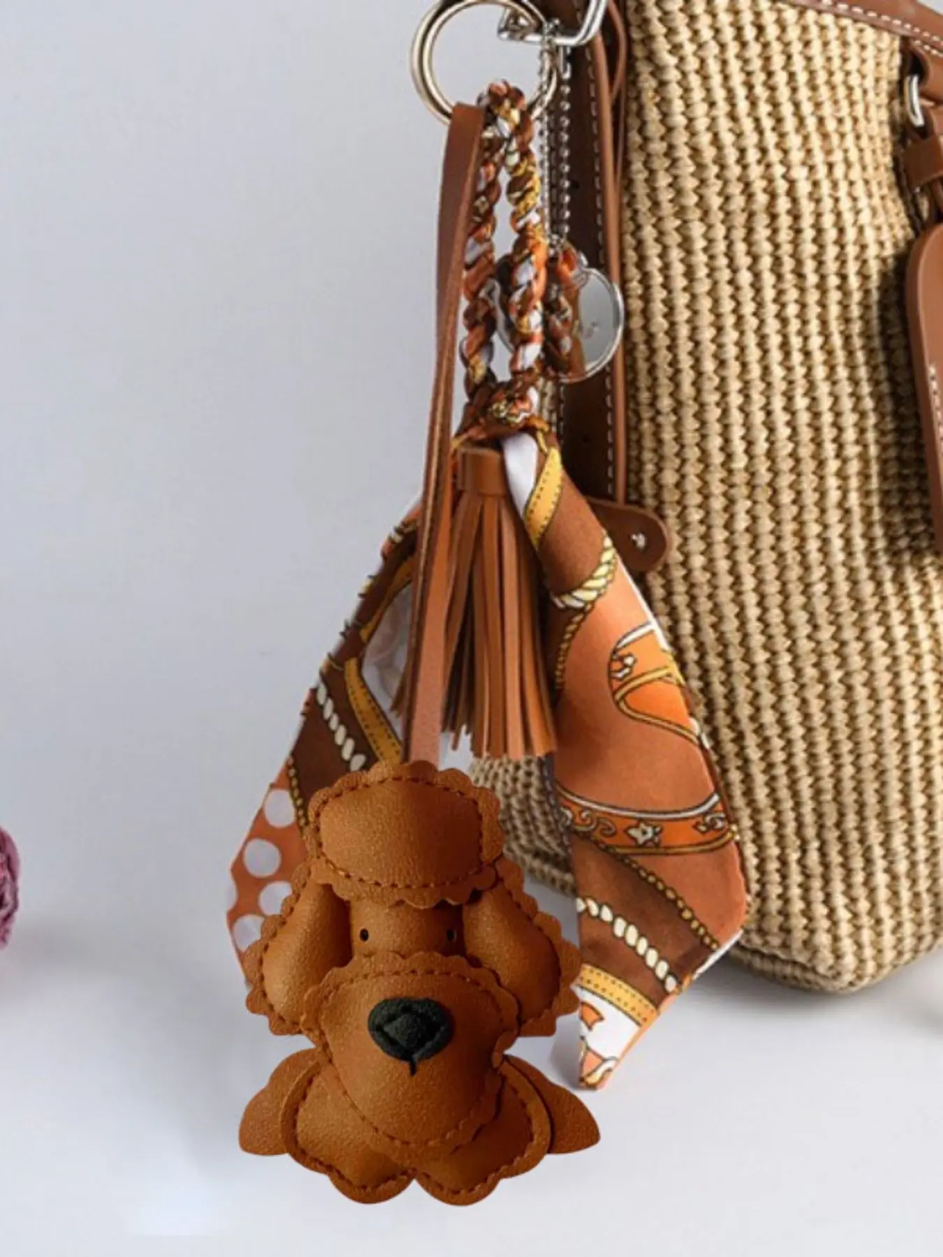 French Vintage PU Leather Poodle Dog Charm Teddy Dog Keychain Ribbon Scarf Tassel Keychain Caramel Brown Dog Shaped Keyring, Cute Keychain Accessory, Bag Accessories Key Charms Purse Pendant Animal Bag Charm for Handbags Backpacks Couple/ Pet Lover Gift