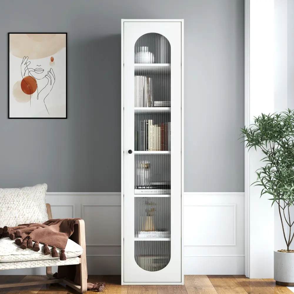 Littleox Tall Display cabinet & Bookshelf Perfect for Living Room, Kitchen, Bedroom & Office - Storage Cabinet with 6 Storage Shelving & 1 Glass Door