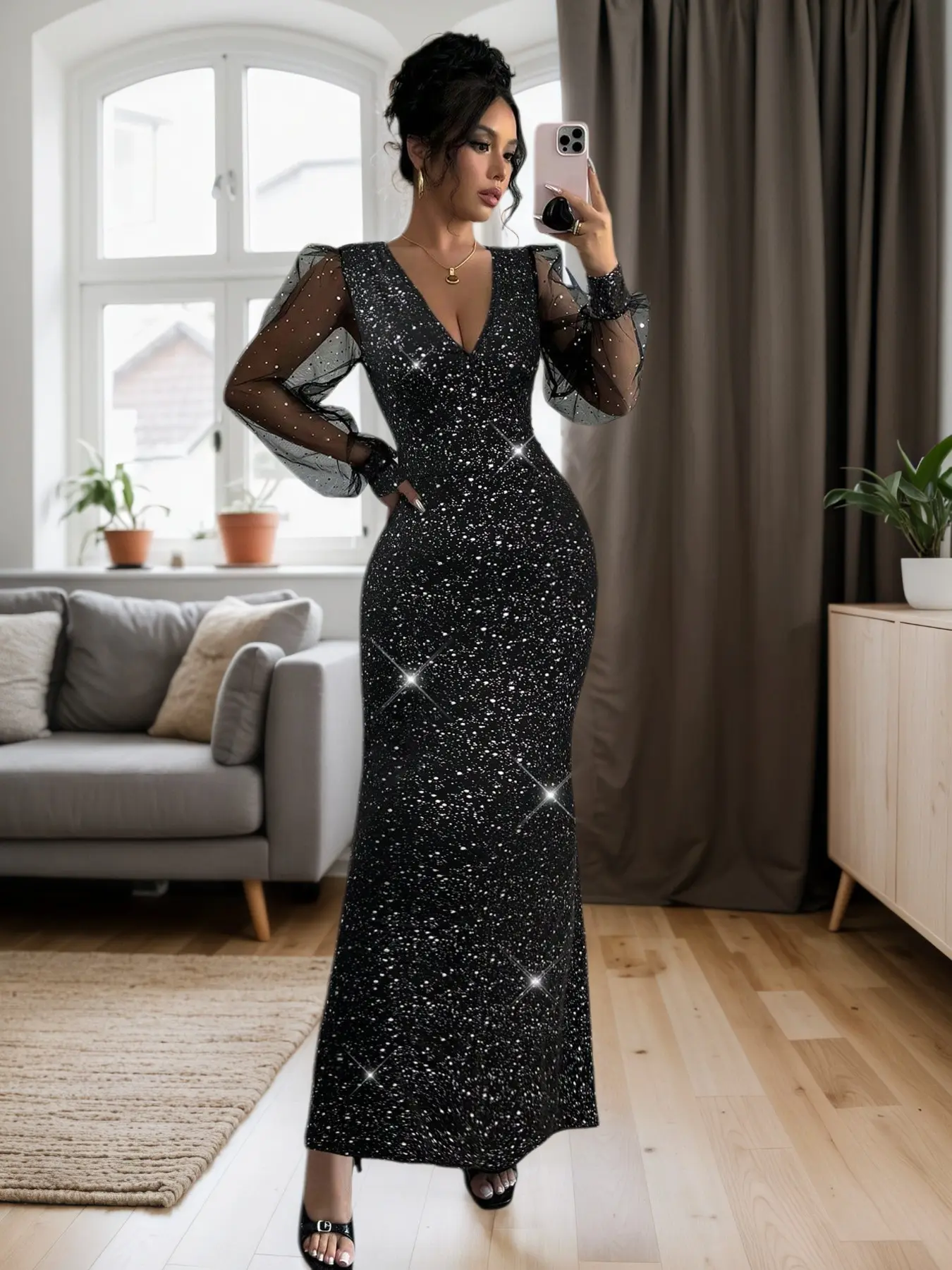Elegant Long Dress with Contrast Sequins, Long Sleeve, Slim-Fit Fish Tail Design, Sexy V-Neck, Perfect for Evening Events, Date Nights, and Photoshoots