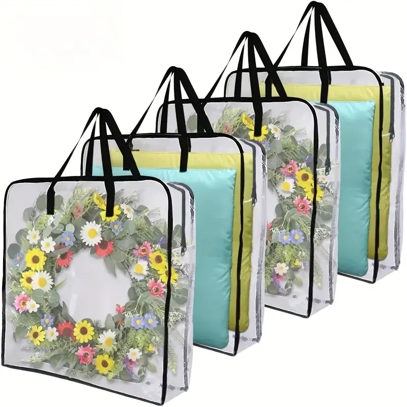 2/4pcs Extra Large Clear Storage Bags with Heavy-Duty Handles & Zippered Closure, Christmas Decoration Garland Container, 30 Inch Clear Door Wreath Organizers, Moving Bags, for Clothes, Blankets, Quilts, Christmas Decorations