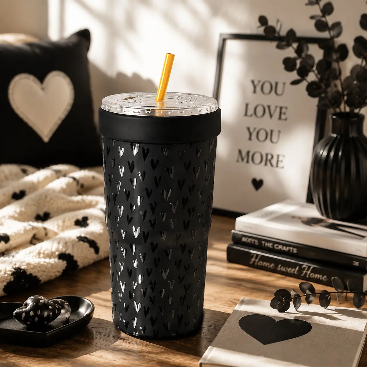 1PC 32oz Black Heart Print 2-in-1 Insulated Tumbler & Iced Coffee Cup Sleeve, Leak-Proof Double Wall Stainless Steel Travel Mug Drinkware, Cold 12+H & Hot 6+H, Fits 16–32oz To-Go Cups, Christmas & Valentine’s Day Gift for Friends & Family