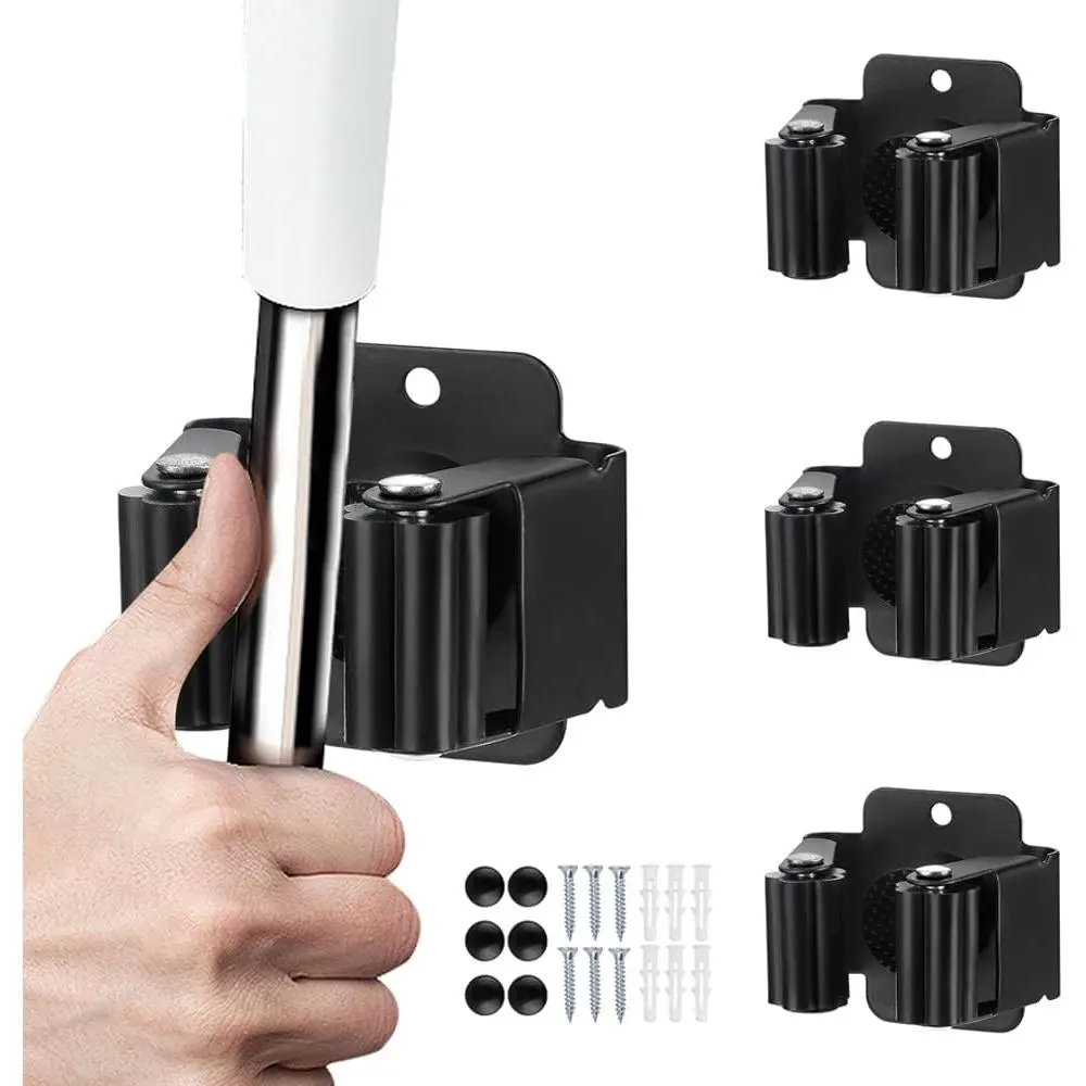 3 count Broom and Mop Holder, Heavy Duty Garden Tool Organizer Rack Rake and Shovel Handle, Stainless Steel Mop Hanger. Wall Mounted Utility Rack with Screws, Matte Black