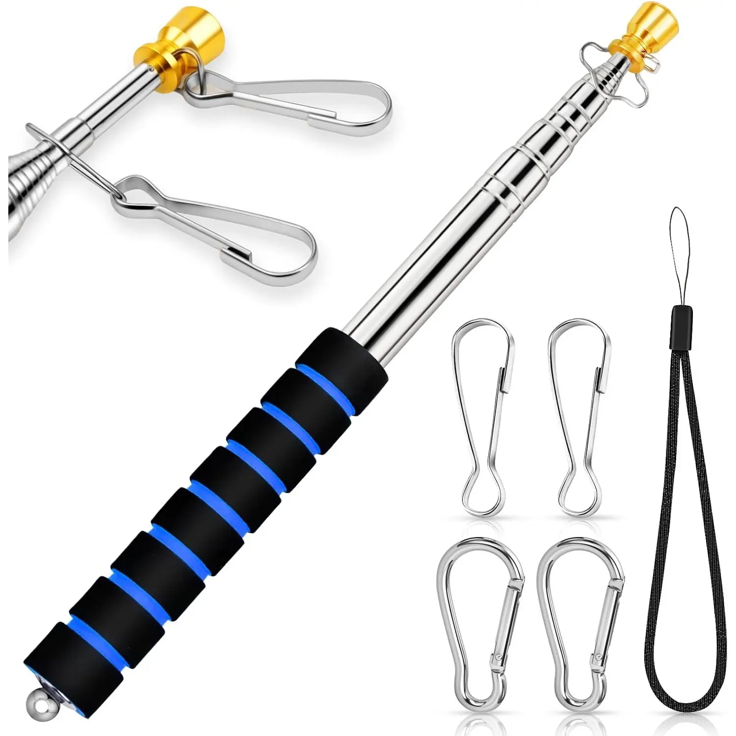 Telescopic Handheld Flag Pole Portable for Carrying, 6.56Ft/2M Stainless Steel Telescoping Flag Poles Extendable, Hand Held Tour Guide Flagpole with 4 count Clips for 3x5 Flag, Flagpoles to Carry (Blue)