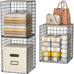 Taller Closet Organizers and Storage with Wood Top, Set of 3 Stackable Wire Storage Bins for Clothes, Bags, Towels, Double Storage Design, Sturdy Metal Cube Shelf Organizer for Closet Wardrobe, Black