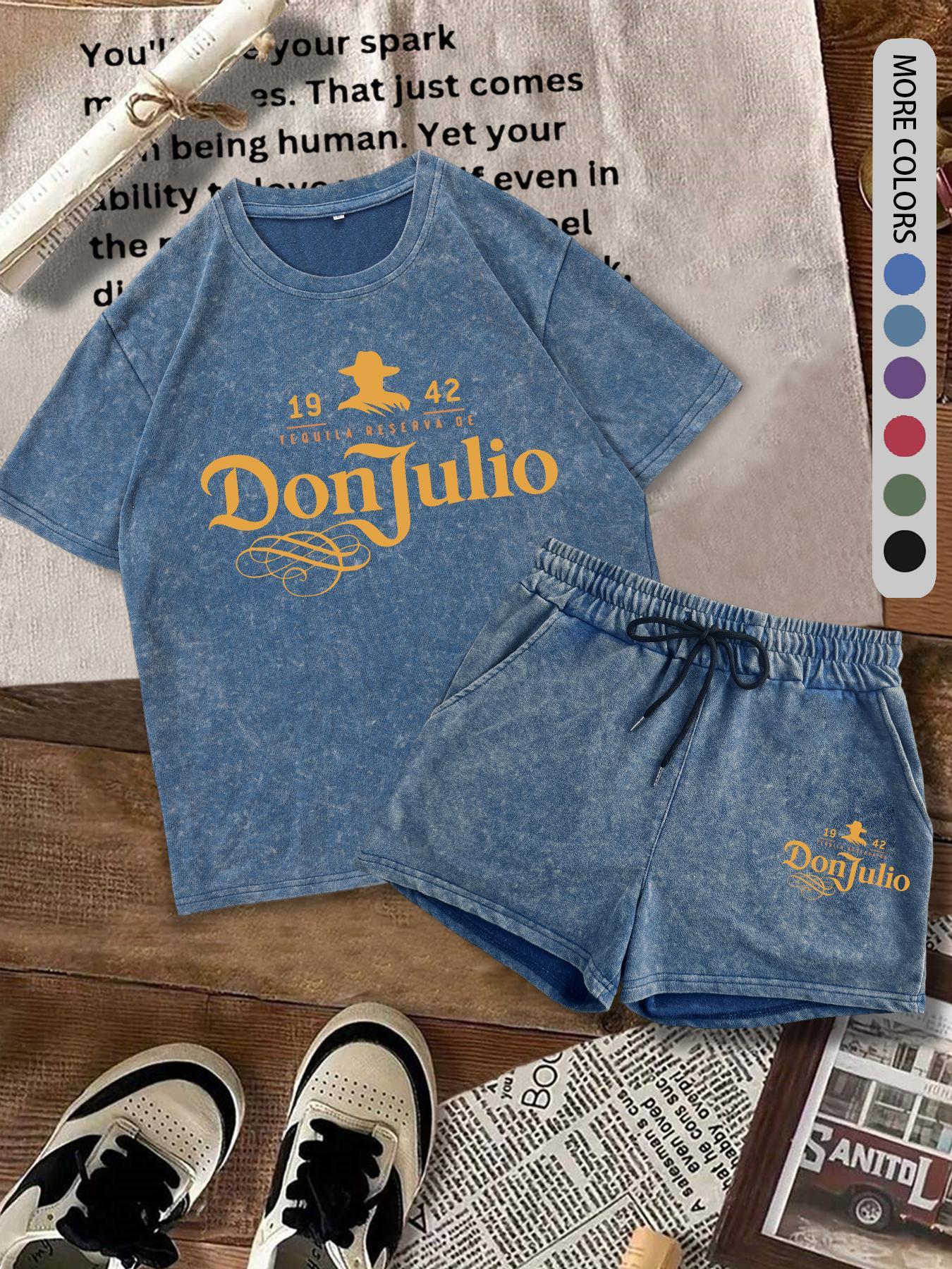 Two-Piece Set Women's Donjulio1942 Letter Print Short Sleeve Tee & Shorts Set, Casual Round Neck T-shirt & Track Shorts, Summer Clothes for Daily Wear, Suits, Lounge Shorts Set