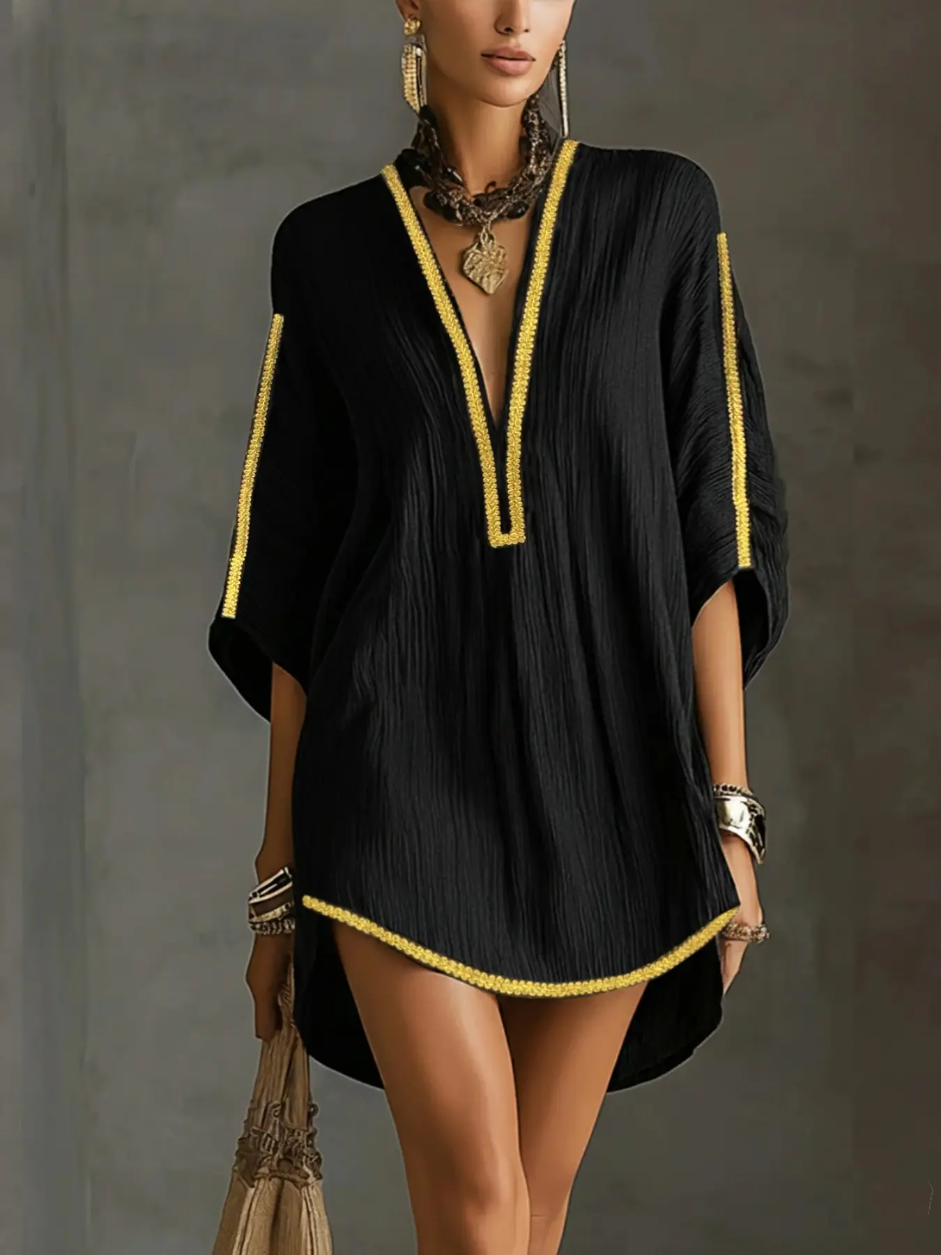 New Fashion Retro V Neck Gold Trim Loose Elegant Women's Dress, Stylish Vintage Design, Comfortable and Chic, Elegance, Perfect for Special Occasions, Casual Elegant Dress