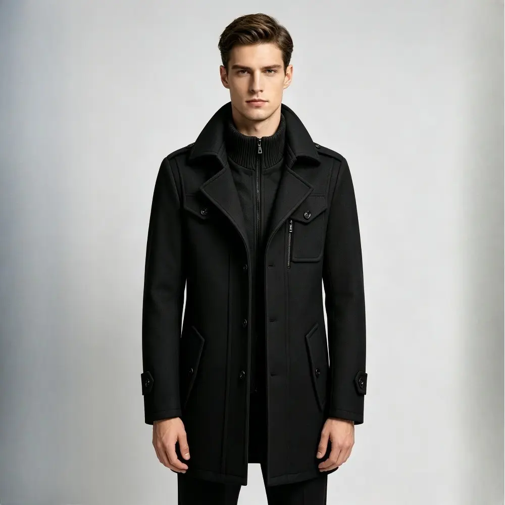 Men's Fitted Plain Solid Long Sleeve Business-Casual Wool Coat - Double Collar, Single-Breasted Lapel, Mid-Length, Warm Versatile Autumn-Winter Tops & Outerwear