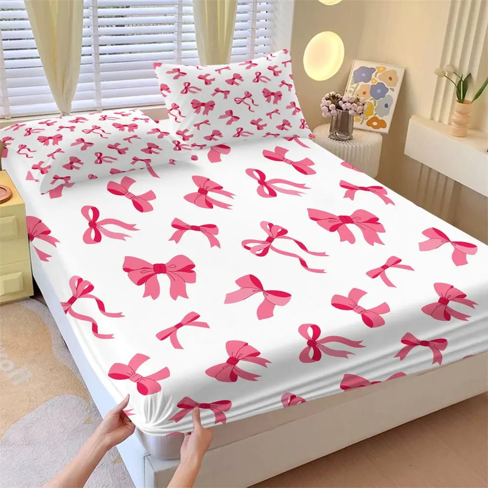 3Pcs Cute Pink Bow Print Fitted Sheet Set, Aesthetic Coquette Style Bed Sheets Set for Girls Room, Soft Microfiber Printed Bedding Set for Bedroom Dorm Decor, Deep Pocket Mattress Cover & Pillowcases No Fillers