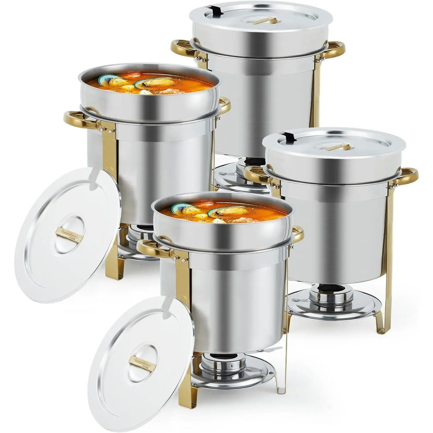 Gaomon 4-Pack Round Soup Chafer Set, 11QT Stainless Steel Soup Warmer with Pot, Notched Lids & Fuel Holders, Heat Retention Commercial Food Warmer for Buffet Events, Gold
