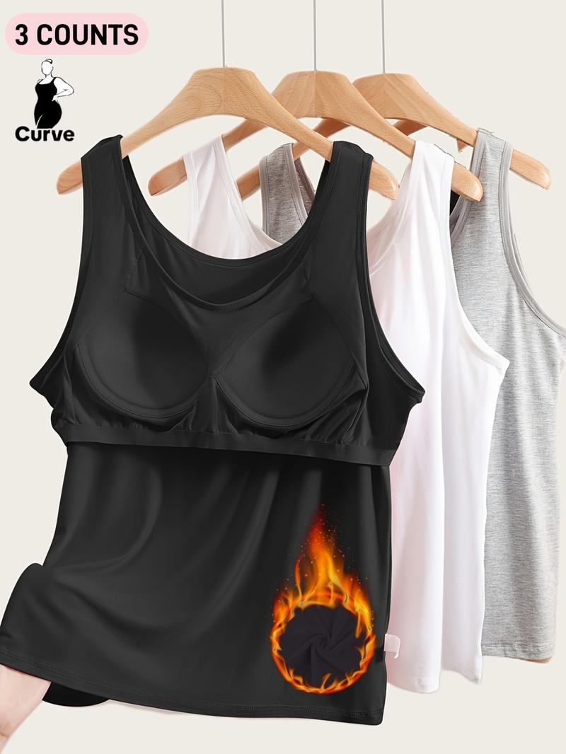 【Plus Size】 Solid Color Wireless Tanks, Soft Comfortable Breathable Tanks with Built in Bra, Women's Underwear for Daily Wear