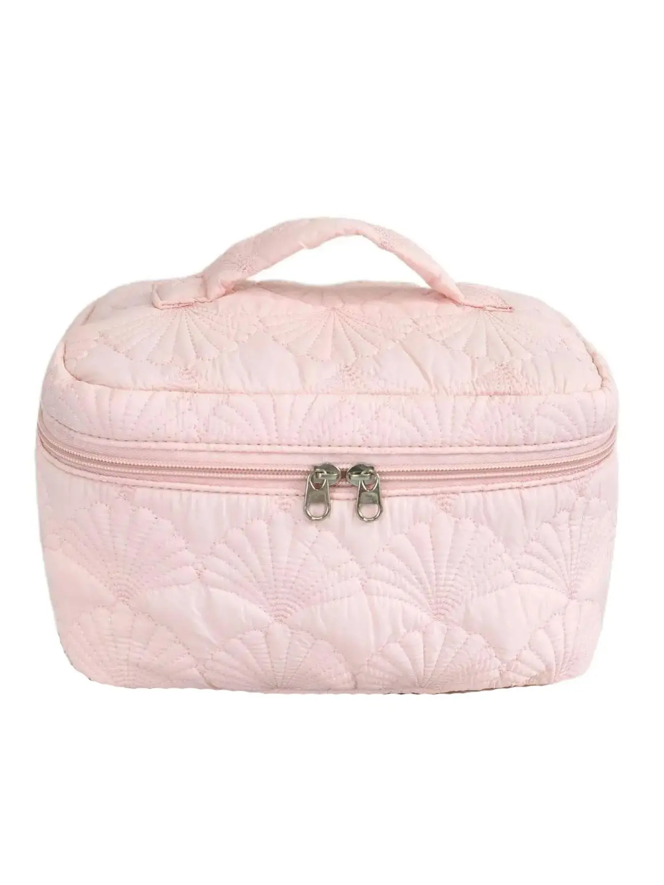 Fan Shaped Quilted Makeup Train Case with Top Carry Handle, Double Zipper Large Capacity Cosmetic Organizer Bag, Portable Travel Toiletry Storage Case for Skincare Brushes Sundries, Cosmetics Bag