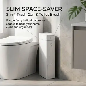 2-in-1 Slim Bathroom Toilet Cleaning Brush & Trash Can Combo, Narrow Space Saving Corner Waste Bin with Hidden Toilet Brush for Small Restroom