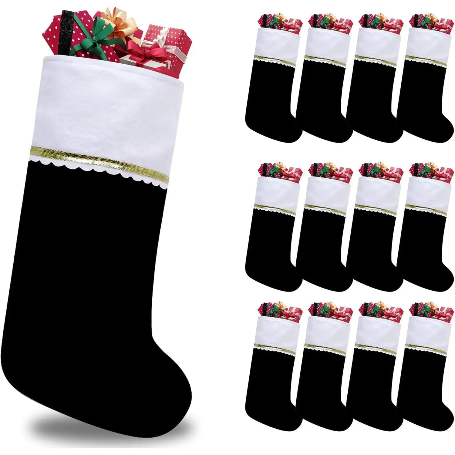 12-Pack 19-Inch Large Black and White Felt Christmas Stockings with Gold Trim, Hanging Ornaments for Family Xmas Holiday Decor DIY Craft (Home Supplies)