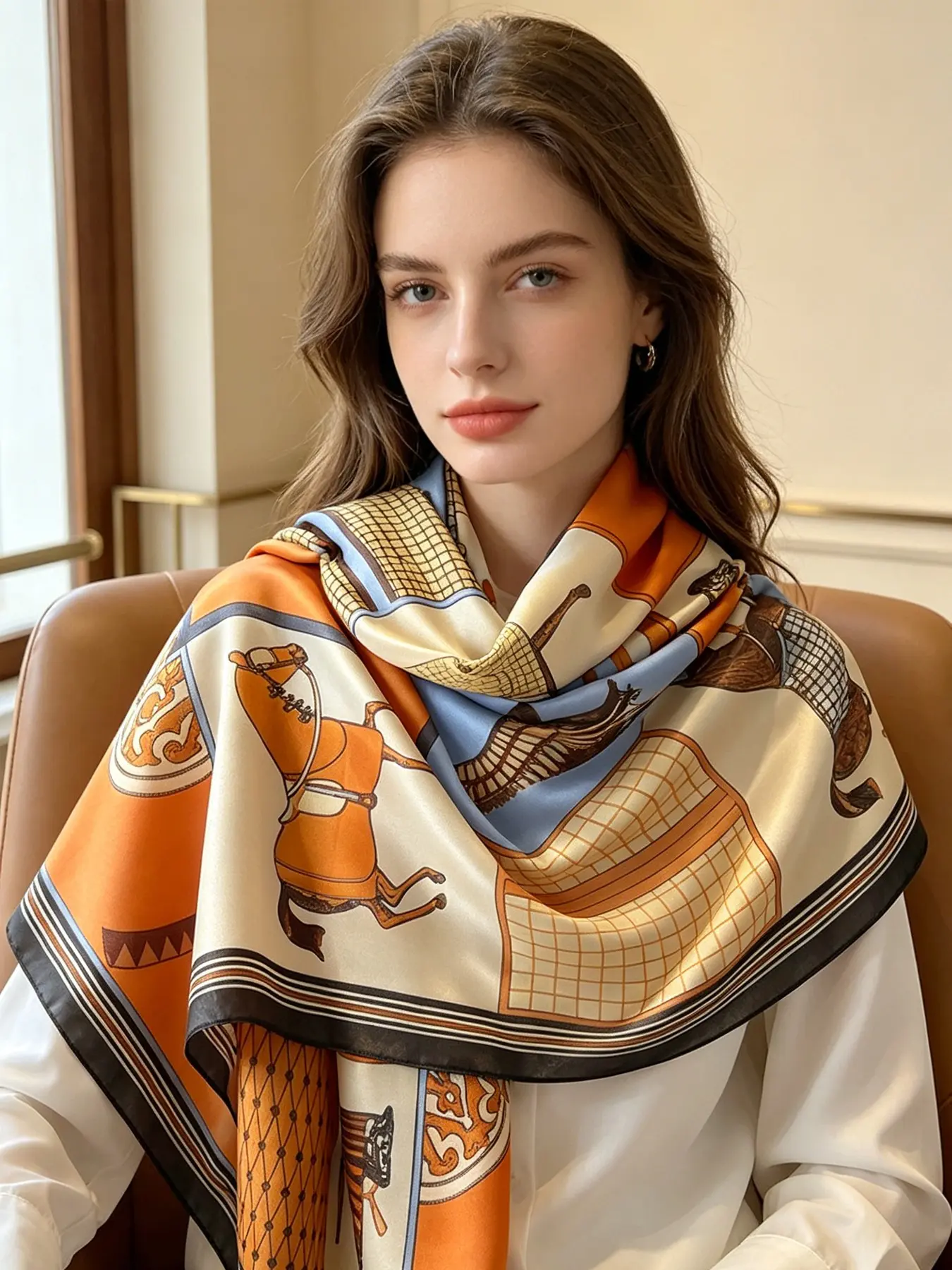 Vintage Equestrian Horse Print Silk Shawl, Elegant Loose-Fitting Geometric Pattern, All Seasons Accessory, China Made, Fashion Neck Shawl