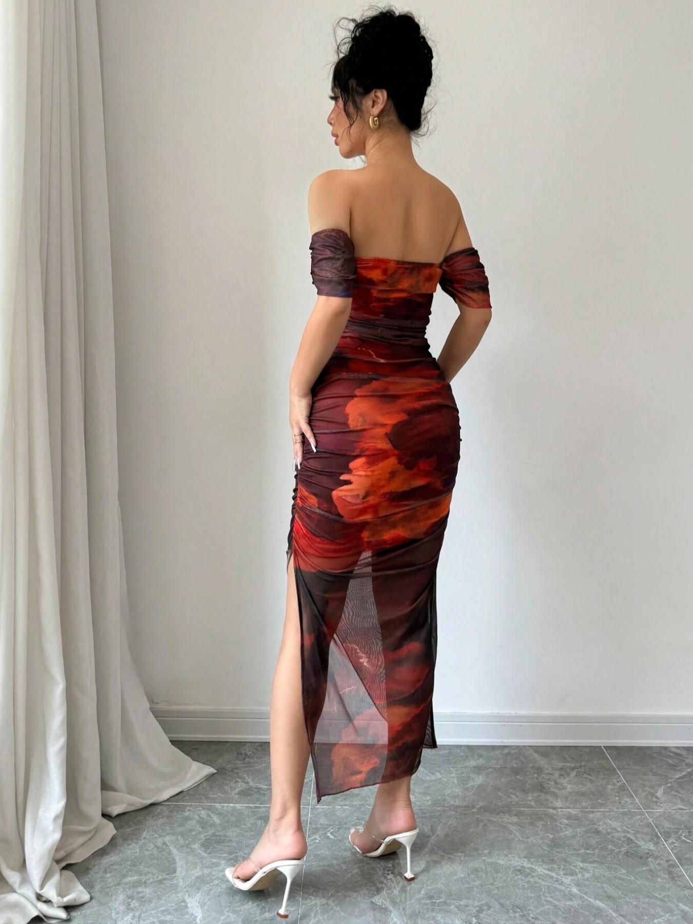 Women's All Over Print Off Shoulder Mesh Breathable Slit Dress, Elegant Chic Fashion Casual Dress for Party Club Dating Wear, Women Dress for Summer
