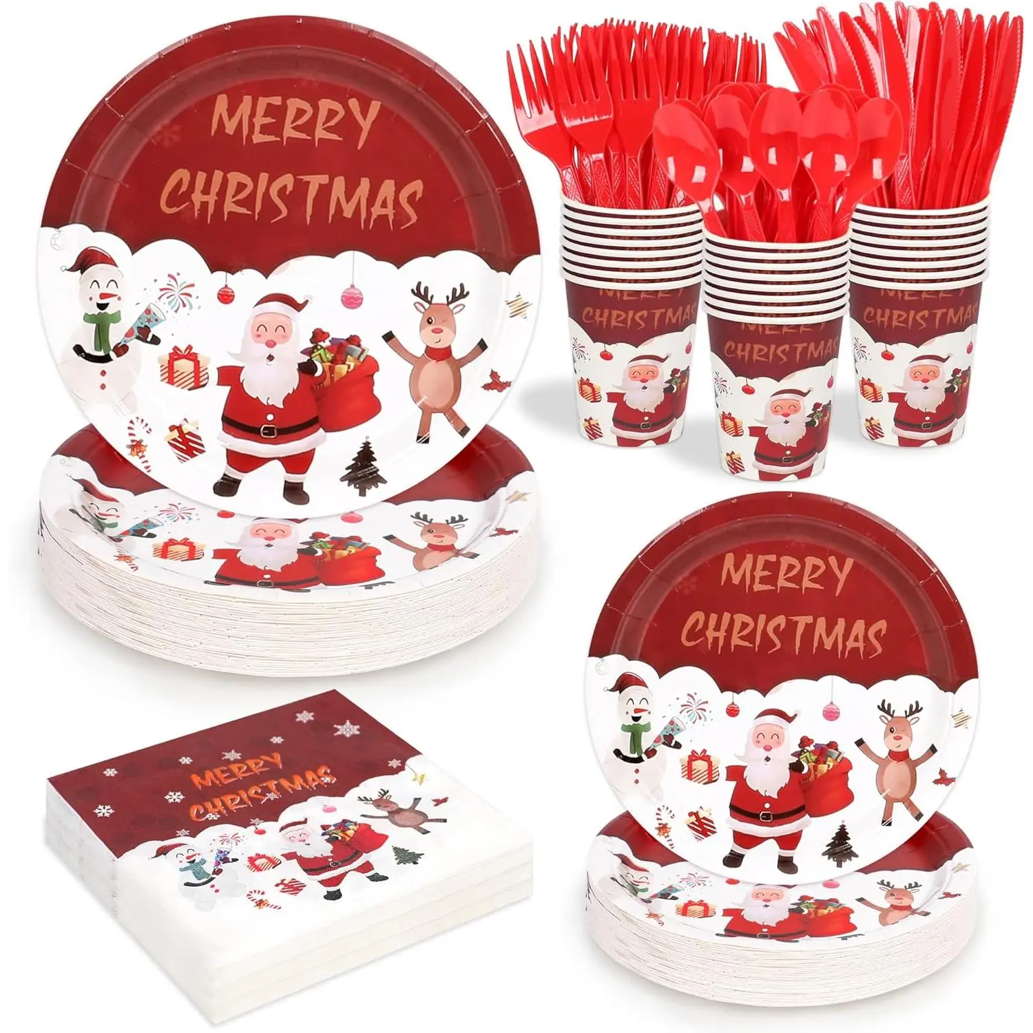 168-Count Sturdy Paper Christmas Disposable Tableware Set with Multi-Size Plates, Napkins, Cups, Forks, Spoons - Christmas Motifs, Santa Theme Table Setting for 24 Guests (7in, 9in Plates)