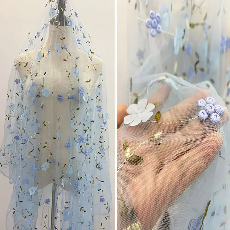 1PC Soft Sheer Tulle Fabric with 3D Blue Purple Flower Applique, Hand Sewn Floral Mesh Cloth, DIY Sewing Material for Bridal Veil, Wedding Gown, Fairy Party Dress & Photo Backdrop