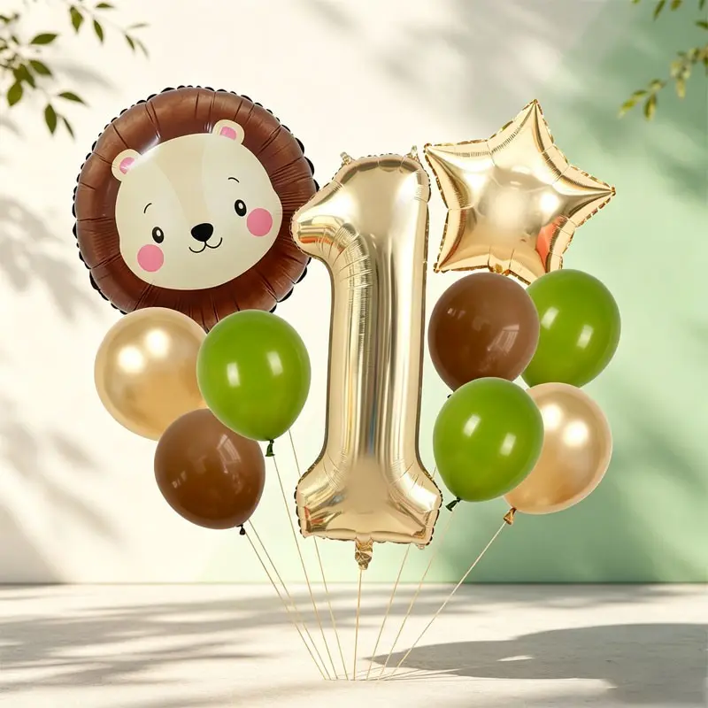 11-Piece Lion Number Balloon Bouquet Set, Includes Lion Head and Star Aluminum Foil, Platinum‑gold number foil balloons，Perfect for Baby Shower,gender‑reveal parties, jungle‑animal‑themed birthday parties,zoo‑themed event decorations, indoor room decor