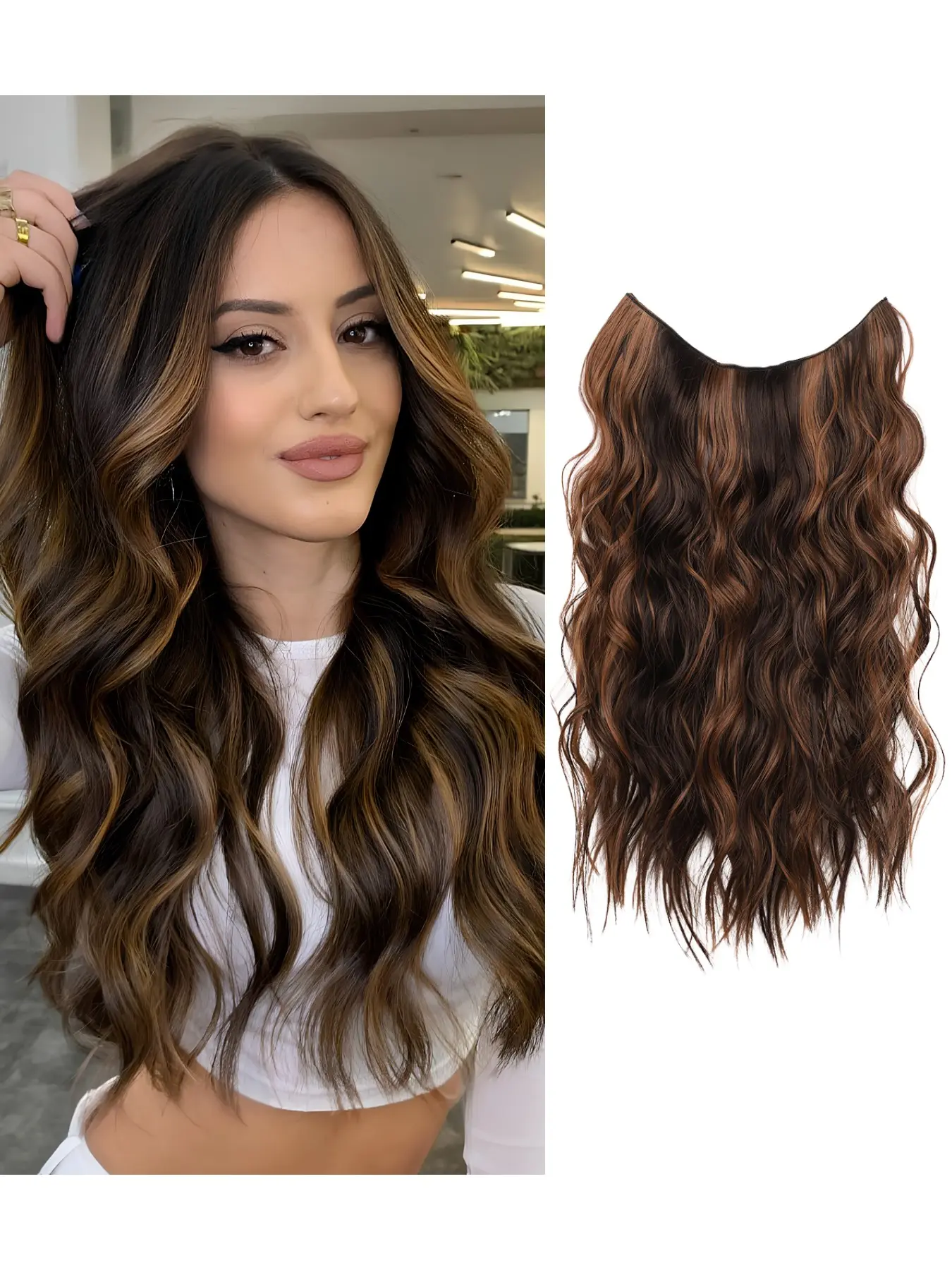 22 inch fishing line hair extensions with 4 clips, wavy fishing line hair extensions, synthetic fiber, natural appearance, seamless and easy to wear and take off, reusable lightweight hair extensions, suitable for women's daily parties and weddings