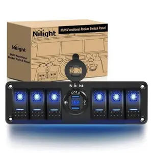 Nilight 6Gang Aluminum ON/Off Blue Rocker Switch Panel w/ QC 3.0 Dual USB Charger Voltmeter, Voltage Meter, 12V Rated