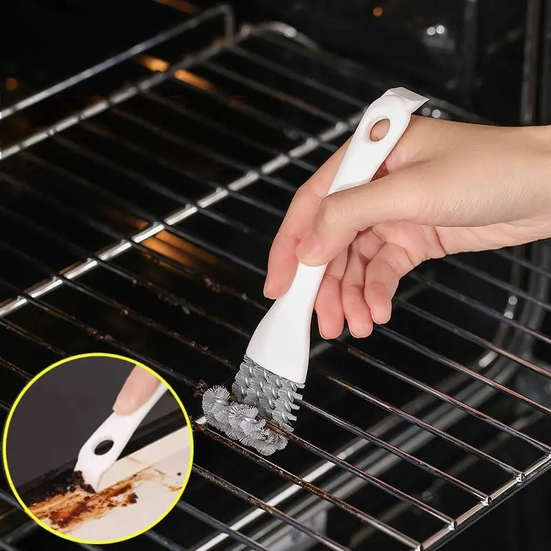 Two-In-One BBQ Cleaner Brush with Scraper, Plastic Handle Steel Wire Bristles, Grill Rack Oven Cleaner, Removes Grease and Rust